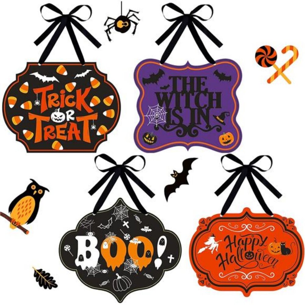 4 Pcs Halloween Felt Hanging Signs for Wreaths Happy Halloween Door Decorations